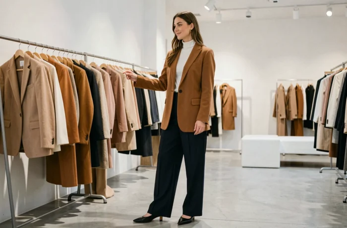 Femme élégante en blazer camel dans une boutique de mode parisienne minimaliste, illustrant les tendances mode de la saison