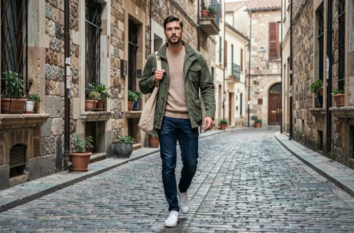 Homme tendance en veste utilitaire olive marchant sur des pavés d'une vieille ville européenne, look mode automne