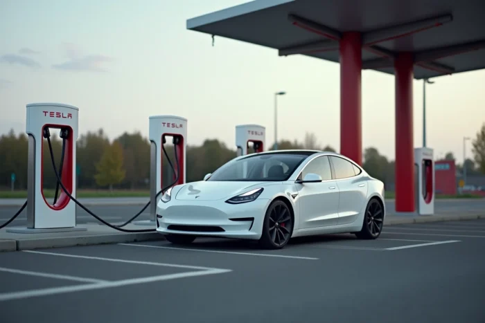 Voiture Tesla Model 3 branchée sur une borne Supercharger Tesla dans une station de recharge autoroutière en France