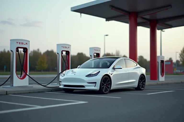 Voiture Tesla Model 3 branchée sur une borne Supercharger Tesla dans une station de recharge autoroutière en France