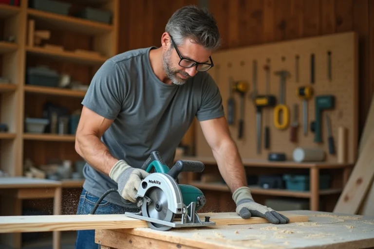 Artisan utilisant une scie circulaire sans fil Makita DHS680Z pour couper une planche en bois dans un atelier professionnel
