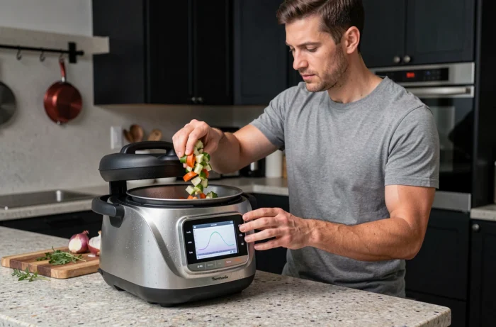 Homme utilisant un Thermomix pour cuisiner des légumes dans une cuisine contemporaine