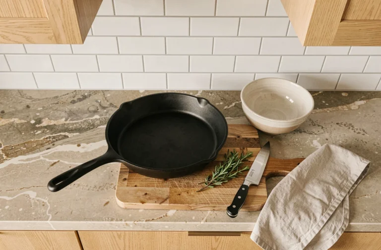 Vue aérienne d'un plan de travail de cuisine gourmande avec ustensiles essentiels, planche en bois et poêle en fonte