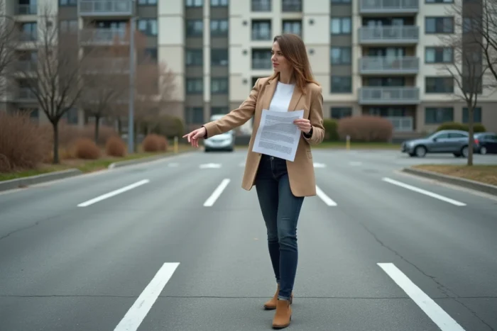 Femme vérifiant les dimensions réglementaires d'une place de parking extérieure en copropriété avec un document technique