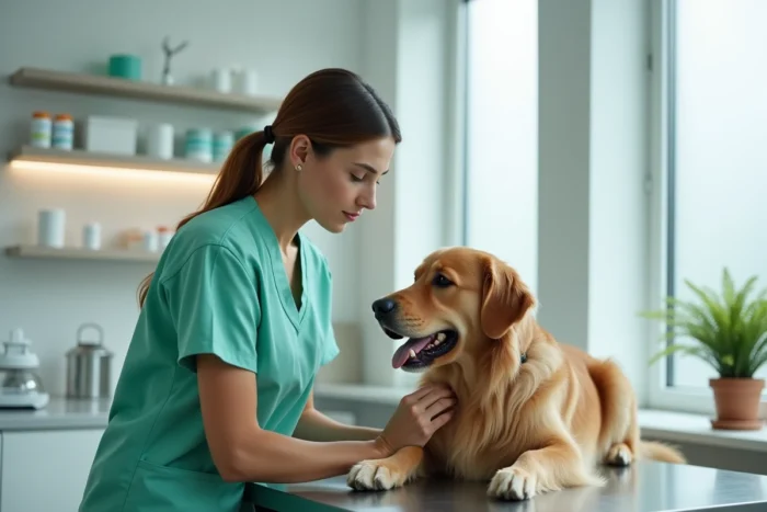 Vétérinaire examinant un golden retriever dans une clinique vétérinaire moderne, tendances bien-être animal