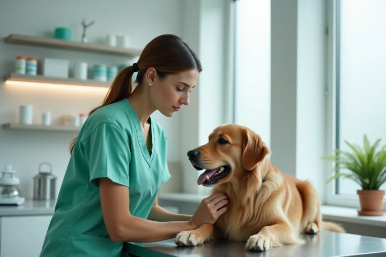 Vétérinaire examinant un golden retriever dans une clinique vétérinaire moderne, tendances bien-être animal