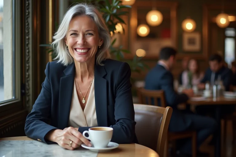 Femme élégante aux cheveux grisonnants assise dans un café parisien, souriante et détendue, illustrant la vie privée et le quotidien d'une personnalité publique française