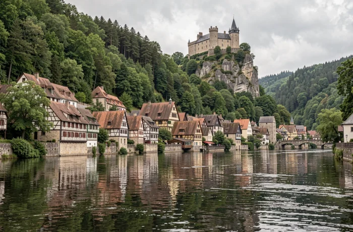Village médiéval de Vianden avec son château perché sur un promontoire rocheux au-dessus de la rivière Our