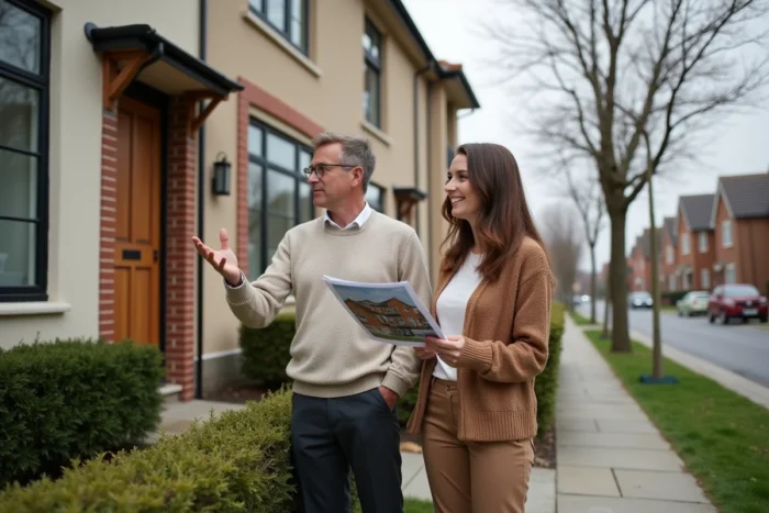 Couple devant une maison résidentielle lors d'une visite immobilière dans un quartier pavillonnaire