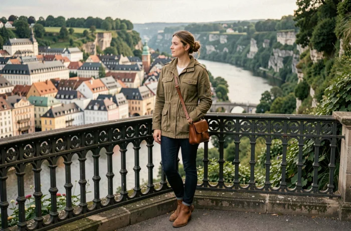 Voyageuse contemplant la vue panoramique sur le quartier du Grund depuis la promenade de la Corniche à Luxembourg