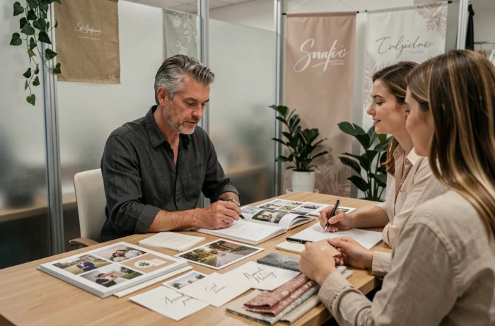 Wedding planner consultant en rendez-vous avec un couple fiancé autour de lookbooks et d'échantillons lors d'un salon du mariage spécialisé
