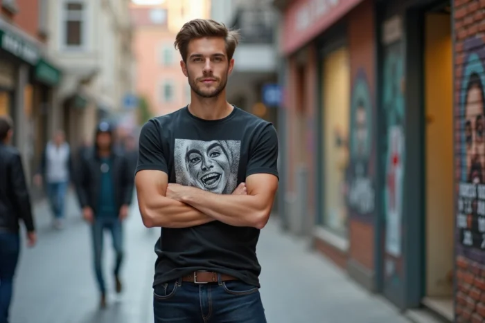 Jeune créateur de contenu debout en extérieur devant un mur de street art urbain