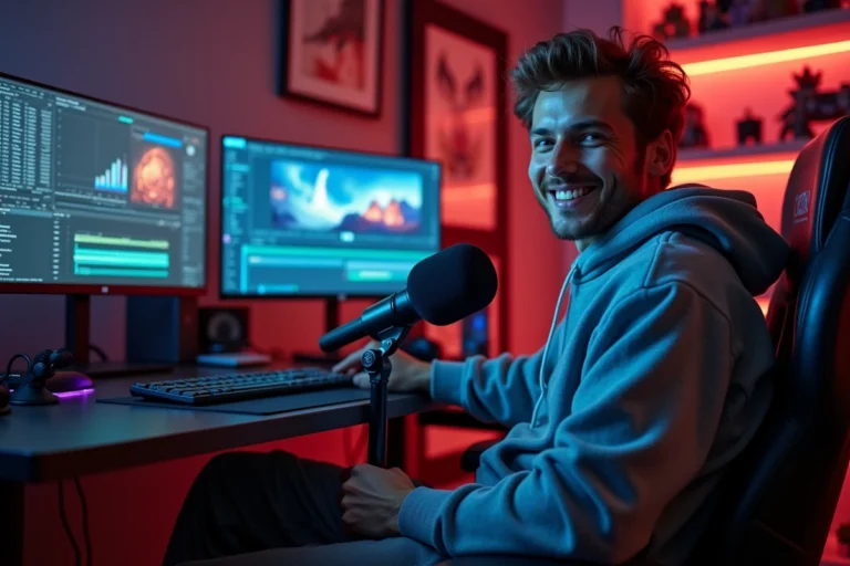 Jeune YouTubeur assis à son bureau de studio maison avec microphone et écrans de montage vidéo