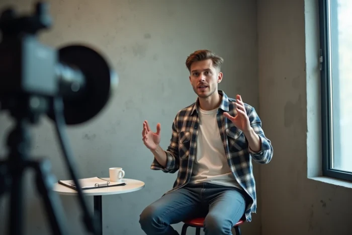 Jeune YouTubeur en pleine prise de parole dans un studio podcast minimaliste